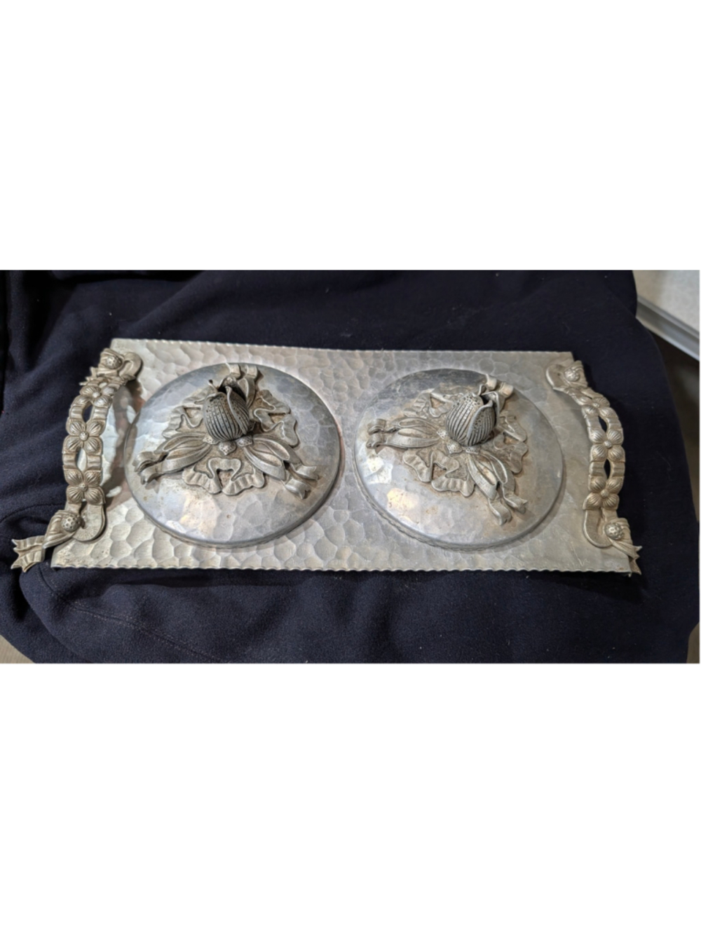 Vintage Rodney Hammered Aluminum Double Serving Tray with Lids, 13x7x2 in Silver